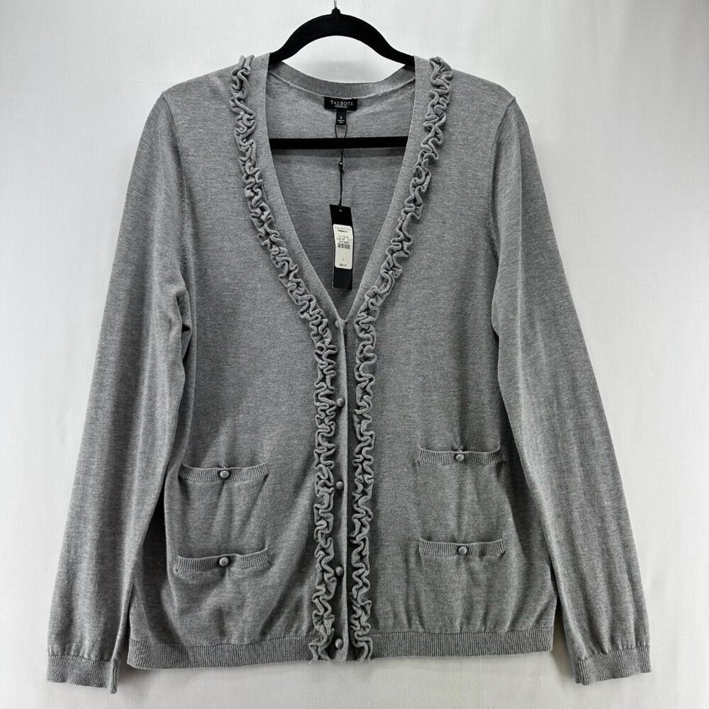 Talbots Cardigan Sweater Womens L Button Up V-Neck Ruffle Placket 4-Pocket Gray